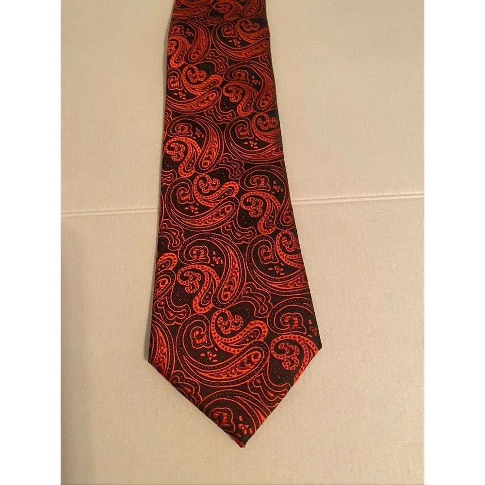 DiBanGu Mens Silk Necktie Orange Black Paisley Woven Hand Tailored Italian Style